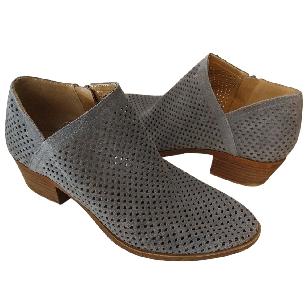 Lucky Brand Baylah Gray Suede Perforated Booties Side Zipper Low Block Heel